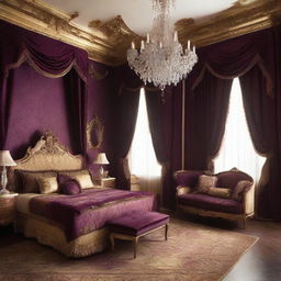 Create a luxurious hotel room inspired by the style of Louis XIV, featuring ornate furniture, rich fabrics, gilded decorations, and an opulent chandelier