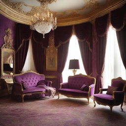 Create a luxurious hotel room inspired by the style of Louis XIV, featuring ornate furniture, rich fabrics, gilded decorations, and an opulent chandelier