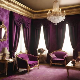 Create a luxurious hotel room inspired by the style of Louis XIV, featuring ornate furniture, rich fabrics, gilded decorations, and an opulent chandelier