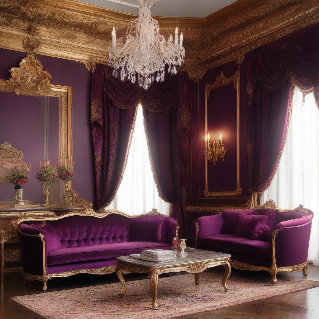 Create a luxurious hotel room inspired by the style of Louis XIV, featuring ornate furniture, rich fabrics, gilded decorations, and an opulent chandelier