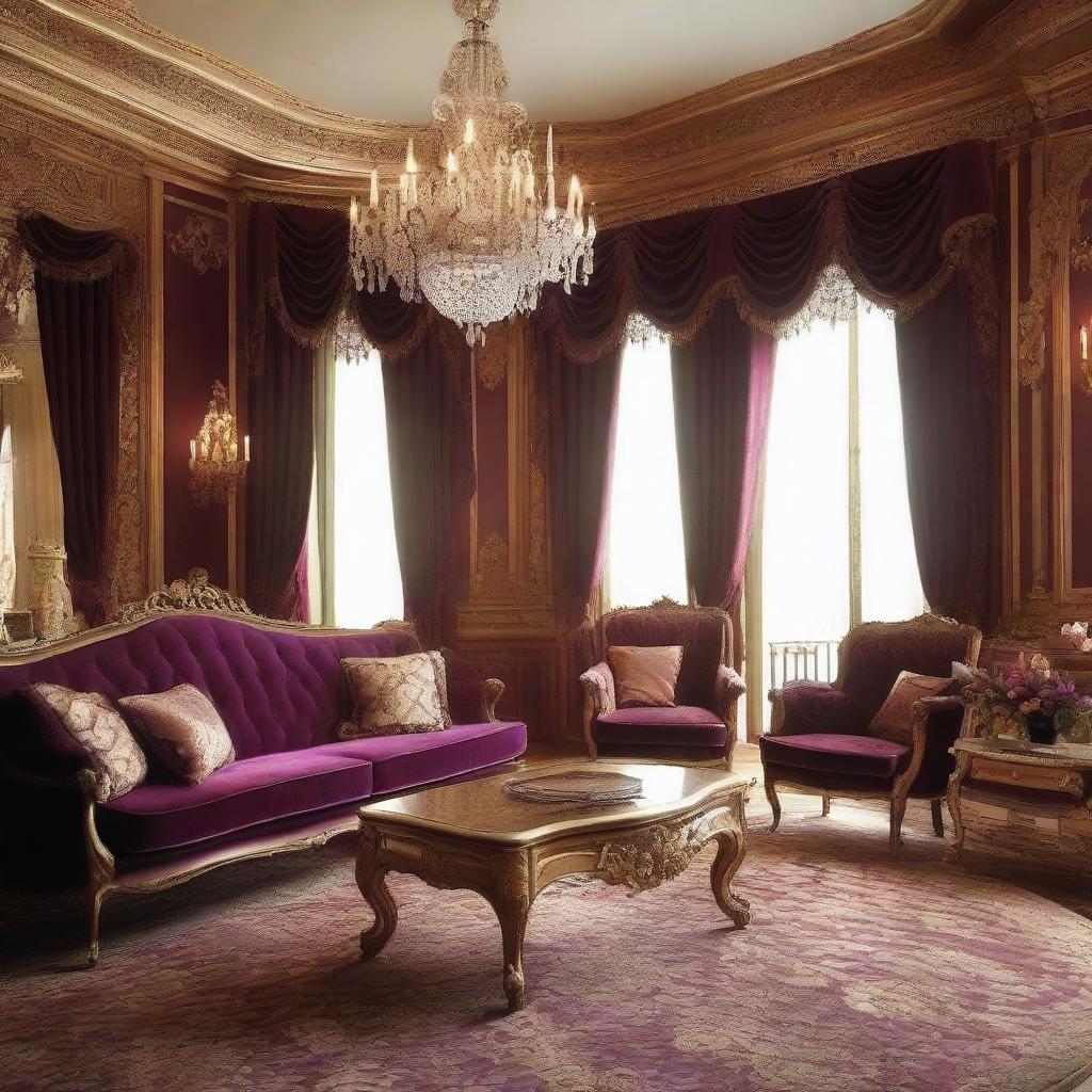 Create a luxurious hotel room inspired by the style of Louis XIV, featuring ornate furniture, rich fabrics, gilded decorations, and an opulent chandelier