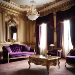 Create a luxurious hotel room inspired by the style of Louis XIV, featuring ornate furniture, rich fabrics, gilded decorations, and an opulent chandelier