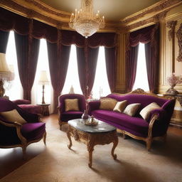 Create a luxurious hotel room inspired by the style of Louis XIV, featuring ornate furniture, rich fabrics, gilded decorations, and an opulent chandelier