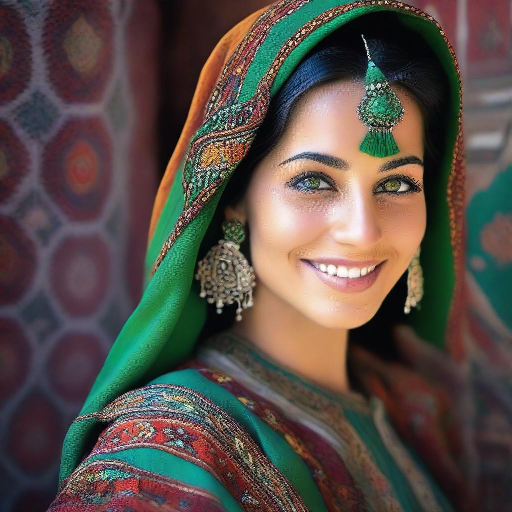 Create an image of a beautiful 23-year-old Afghan woman with striking green eyes