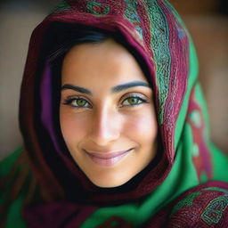 Create an image of a beautiful 23-year-old Afghan woman with striking green eyes