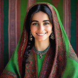 Create an image of a beautiful 23-year-old Afghan woman with striking green eyes