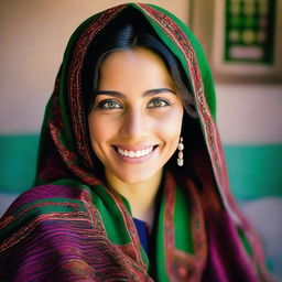 Create an image of a beautiful 23-year-old Afghan woman with striking green eyes