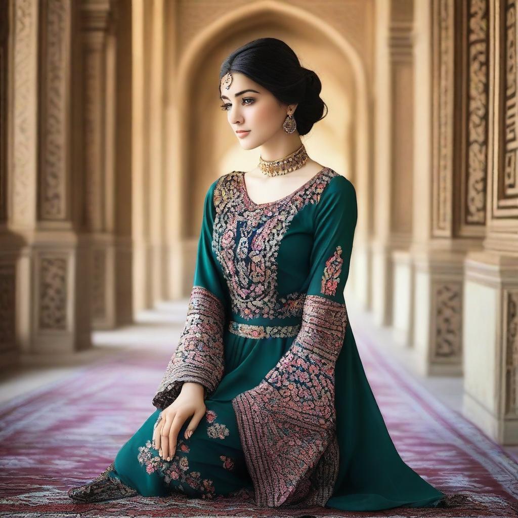 A beautiful Afghan girl wearing a stylish and elegant dress, captured in a tasteful and artistic manner