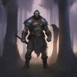 A semi orc warrior standing in a forest clearing, wearing rugged armor and holding a large battle axe