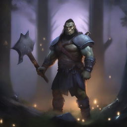 A semi orc warrior standing in a forest clearing, wearing rugged armor and holding a large battle axe