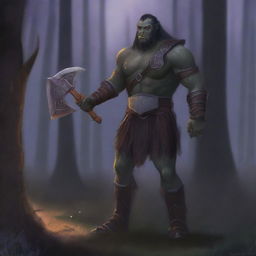 A semi orc warrior standing in a forest clearing, wearing rugged armor and holding a large battle axe