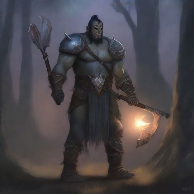 A semi orc warrior standing in a forest clearing, wearing rugged armor and holding a large battle axe