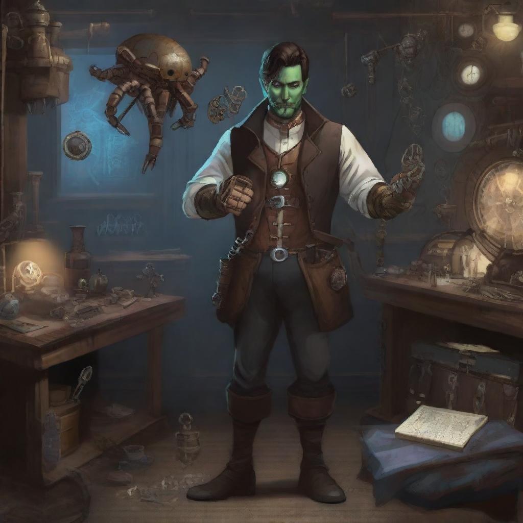 A semi orc artificer standing in a steampunk workshop, holding a small mechanical spider in one hand