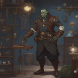 A semi orc artificer standing in a steampunk workshop, holding a small mechanical spider in one hand