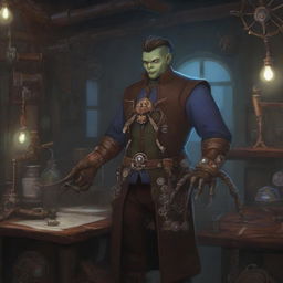 A semi orc artificer standing in a steampunk workshop, holding a small mechanical spider in one hand