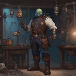 A semi orc artificer standing in a steampunk workshop, holding a small mechanical spider in one hand