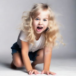 A blonde girl crouching down and sticking out her tongue