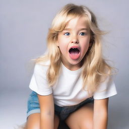 A blonde girl crouching down and sticking out her tongue