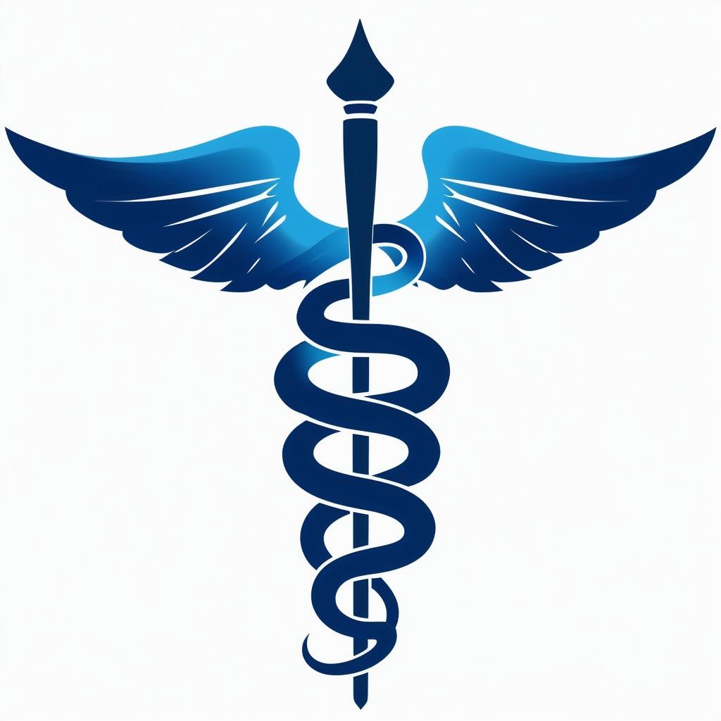 Create a professional Caduceus logo with two serpents, a winged staff, and a blue and white color palette.