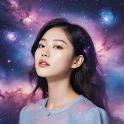 A Kpop album cover featuring beautiful galaxy elements. The design should be vibrant, airy, and should incorporate elements such as stars, cosmic clouds, and bright celestial bodies