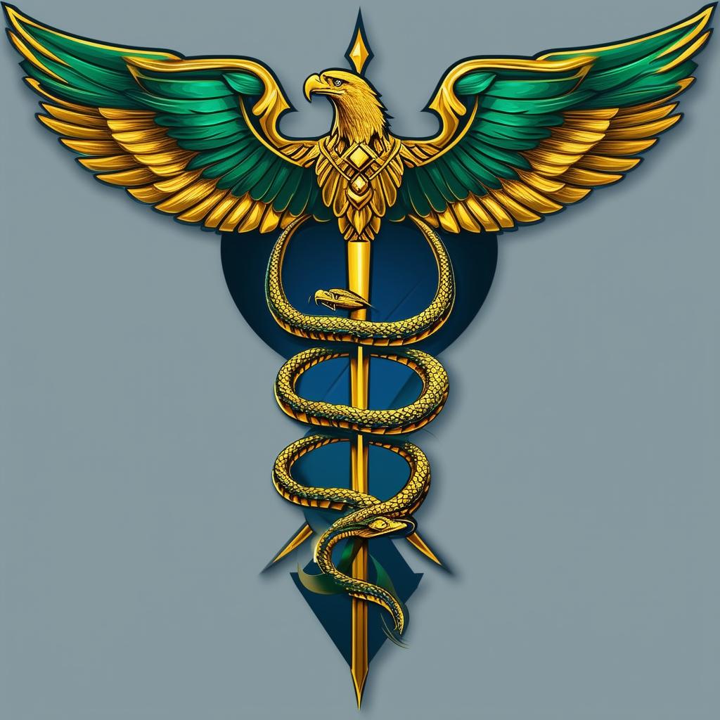 Create a modern yet ancient caduceus logo featuring two serpents and a majestic eagle, with a regal color palette of gold, emerald green, and deep blue