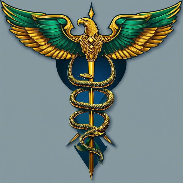 Create a modern yet ancient caduceus logo featuring two serpents and a majestic eagle, with a regal color palette of gold, emerald green, and deep blue