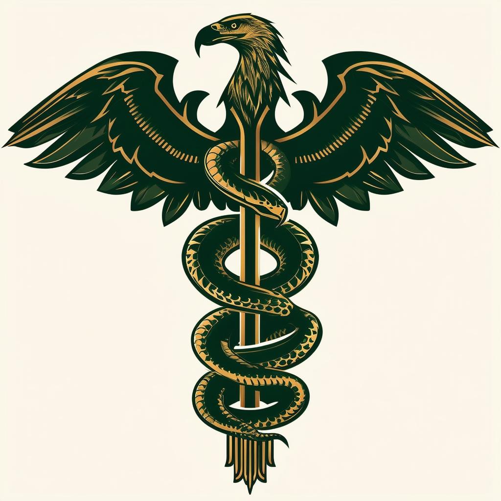 Design an ancient and abstract caduceus logo featuring two serpents and a stylized eagle, with earthy tones like bronze, deep green, and muted gold