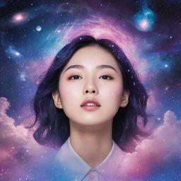 A Kpop album cover featuring beautiful galaxy elements. The design should be vibrant, airy, and should incorporate elements such as stars, cosmic clouds, and bright celestial bodies