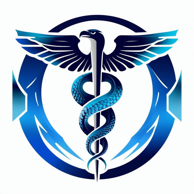 Create a modern and abstract caduceus logo for a tech startup, featuring two serpents and a stylized eagle inside a circle, with shades of blue, silver, and white