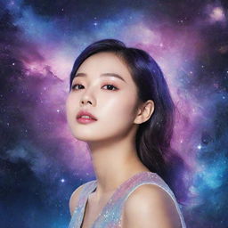 A Kpop album cover featuring beautiful galaxy elements. The design should be vibrant, airy, and should incorporate elements such as stars, cosmic clouds, and bright celestial bodies