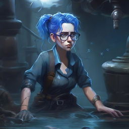 A detailed digital painting of a blue-skinned woman with blue hair and glasses, looking upset and drenched in sewer water