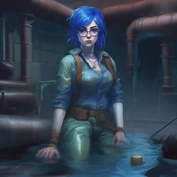 A detailed digital painting of a blue-skinned woman with blue hair and glasses, looking upset and drenched in sewer water