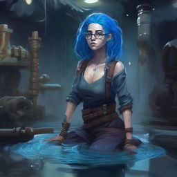 A detailed digital painting of a blue-skinned woman with blue hair and glasses, looking upset and drenched in sewer water