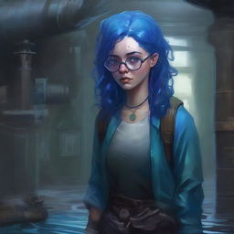 A detailed digital painting of a blue-skinned woman with blue hair and glasses, looking upset and drenched in sewer water