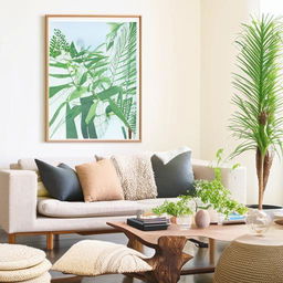 A stylish, modern showhome standard living room interior with natural light pouring in, a cozy sofa, a chic coffee table, trendy wall art and lush indoor plants.