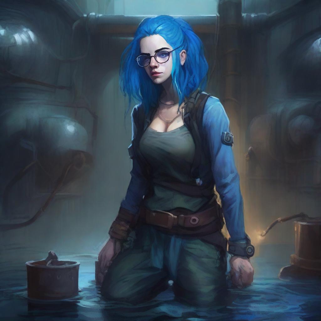 A detailed digital painting of a blue-skinned artificer woman with blue hair and glasses, looking upset and drenched in sewer water