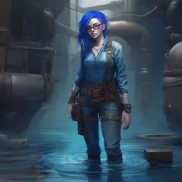 A detailed digital painting of a blue-skinned artificer woman with blue hair and glasses, looking upset and drenched in sewer water