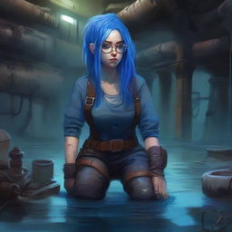 A detailed digital painting of a blue-skinned artificer woman with blue hair and glasses, looking upset and drenched in sewer water