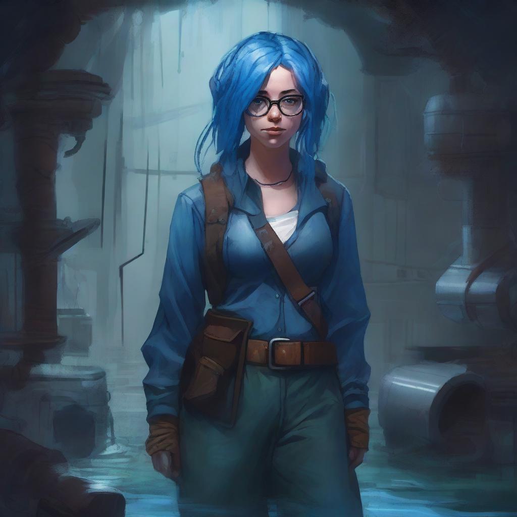 A detailed digital painting of a blue-skinned artificer woman with blue hair and glasses, looking upset and drenched in sewer water