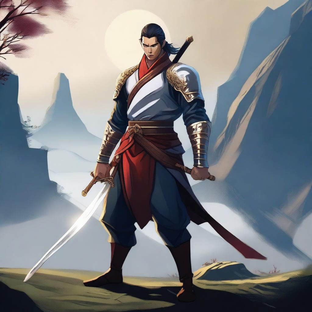 A skilled swordsman standing in a heroic pose, holding a gleaming sword