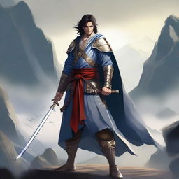 A skilled swordsman standing in a heroic pose, holding a gleaming sword