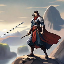 A skilled swordsman standing in a heroic pose, holding a gleaming sword