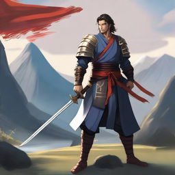 A skilled swordsman standing in a heroic pose, holding a gleaming sword