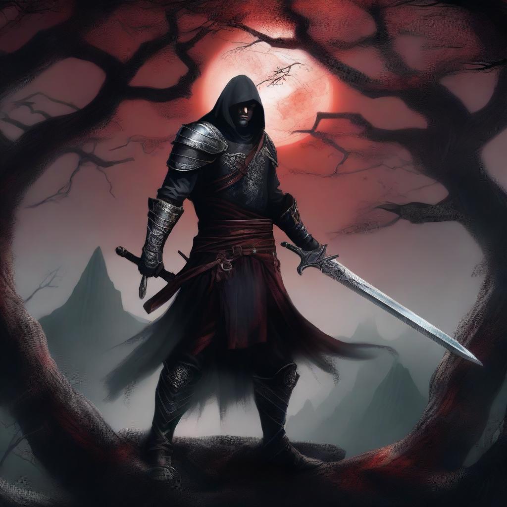 A dark fantasy swordsman standing in a menacing pose, holding a cursed, glowing sword