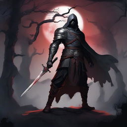 A dark fantasy swordsman standing in a menacing pose, holding a cursed, glowing sword