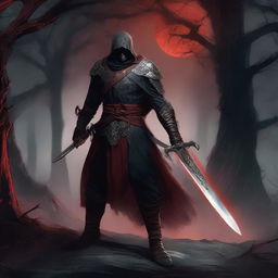 A dark fantasy swordsman standing in a menacing pose, holding a cursed, glowing sword