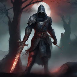 A skilled dark fantasy swordsman standing in a menacing pose, holding a cursed, glowing sword