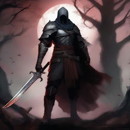 A skilled dark fantasy swordsman standing in a menacing pose, holding a cursed, glowing sword