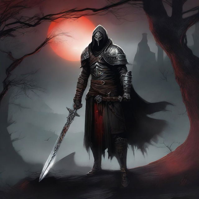 A skilled dark fantasy swordsman standing in a menacing pose, holding a cursed, glowing sword