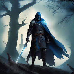 A skilled dark fantasy swordsman standing in a menacing pose, holding a cursed, glowing sword